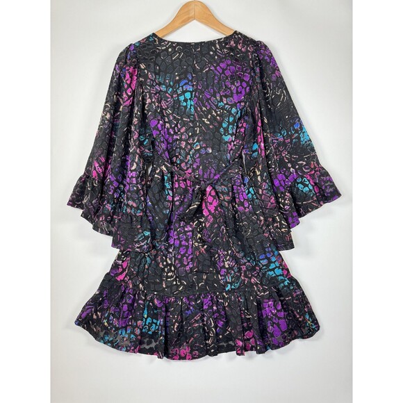 Betsey Johnson Dress Womens 4 Black Multicolor Animal Print Ruffle Bell Sleeve - Picture 4 of 16